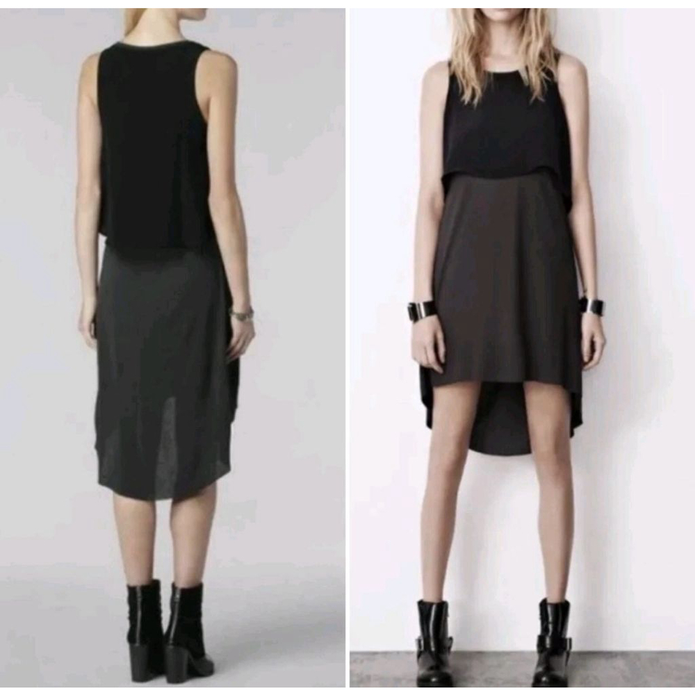 AllSaints Eubik High Low Overlay Shift Dress Size 4 Black Charcoal